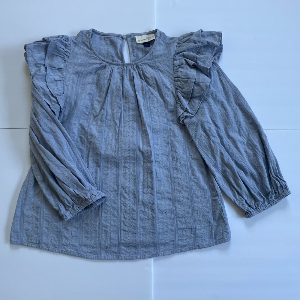 Vintage Dusty Blue Ruffle Long Sleeve Blouse